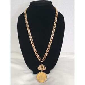 Vintage Nettie Rosenstein Necklace Chunky Long Gold Tone Large Coin Pendant